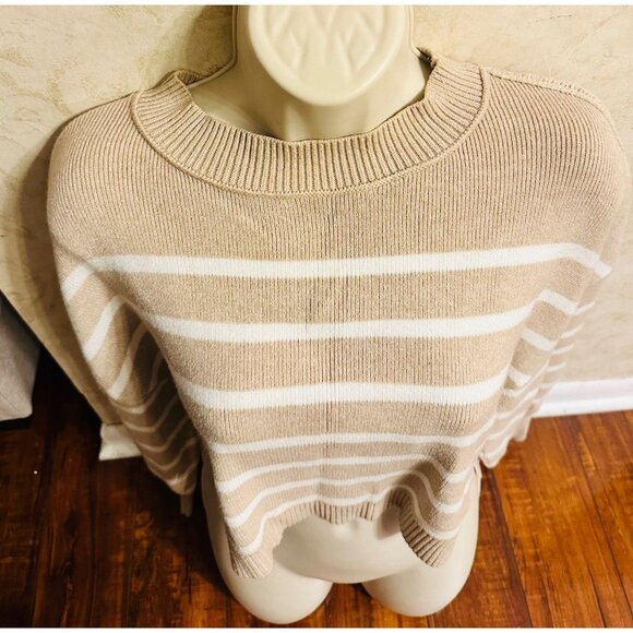Merokeety Women Striped Tan-White Cropped Effortless Casualwear Belly Sweater M - Picture 2 of 8